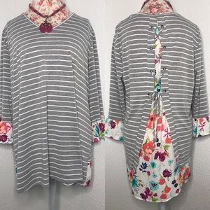 Terra & Sky Grey Striped Floral Detail Blouse